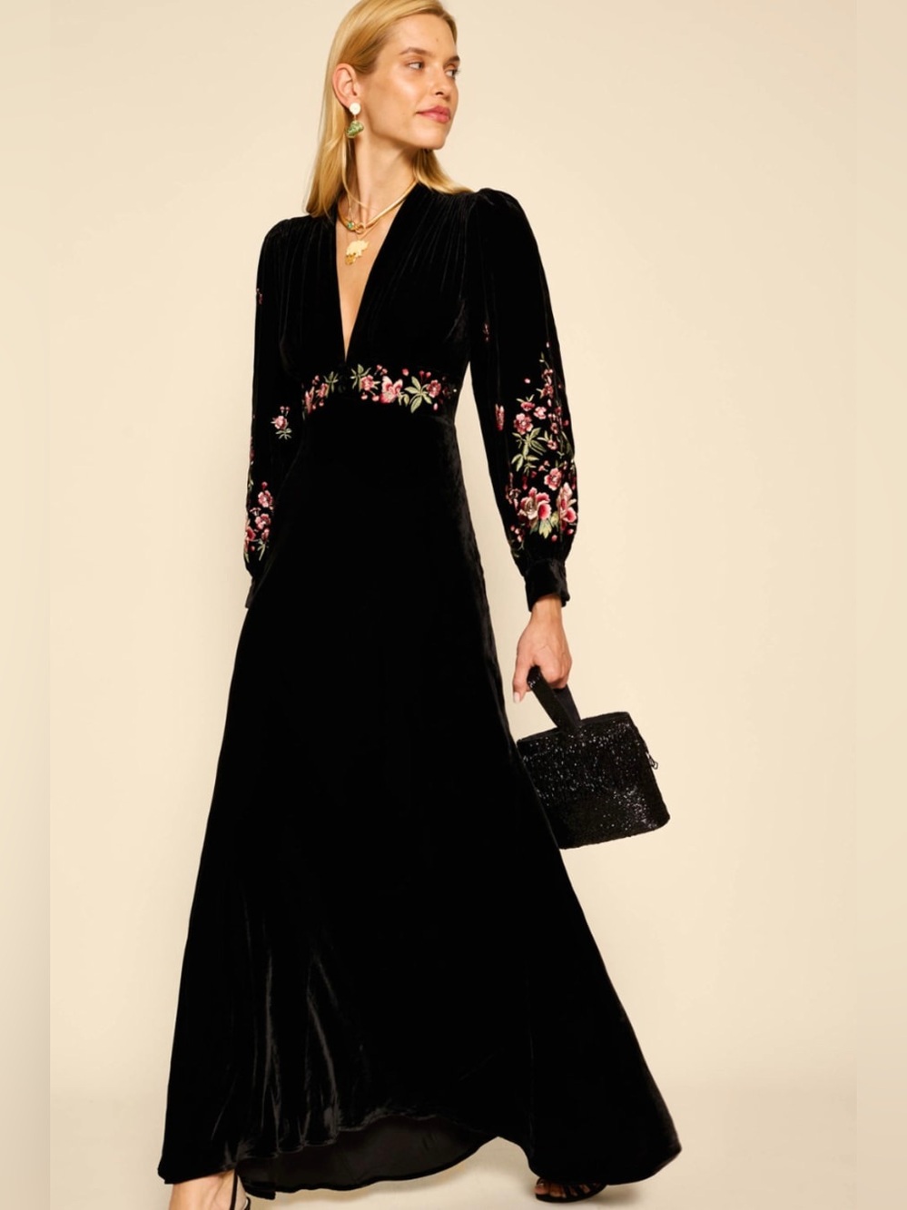 RIXO Black Velvet Floral Embroidered Maxi Gown 4